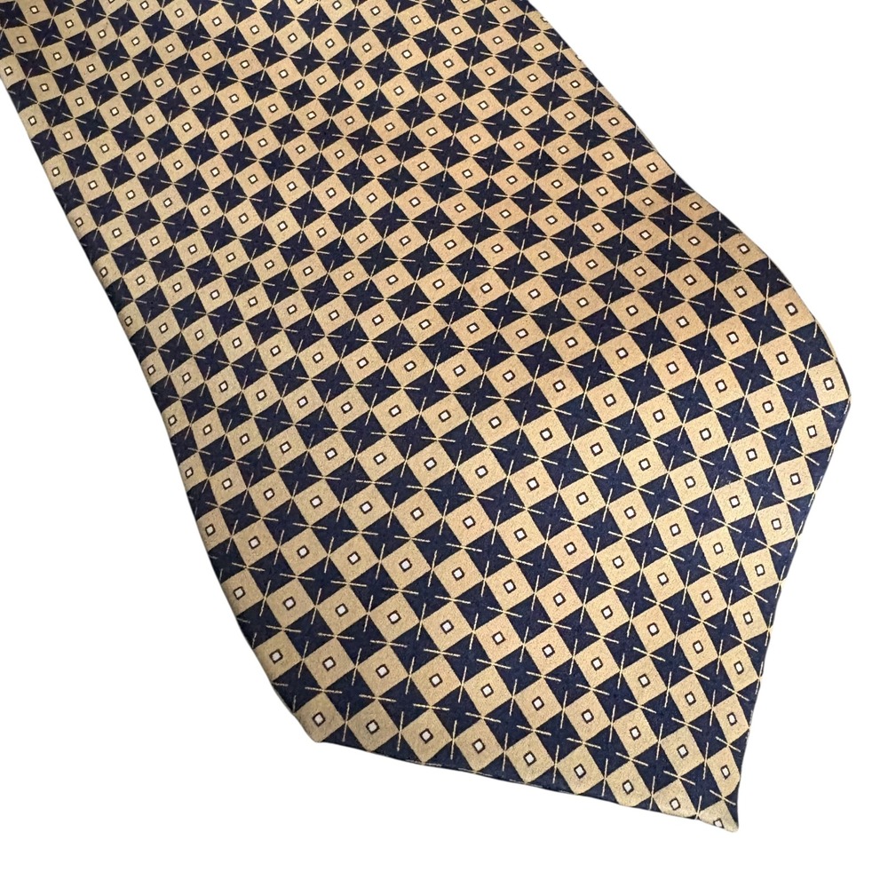 Di Moggio Men's Silk Tie Long 62.5" Geometric Diamond Pattern Navy Gold Handmade